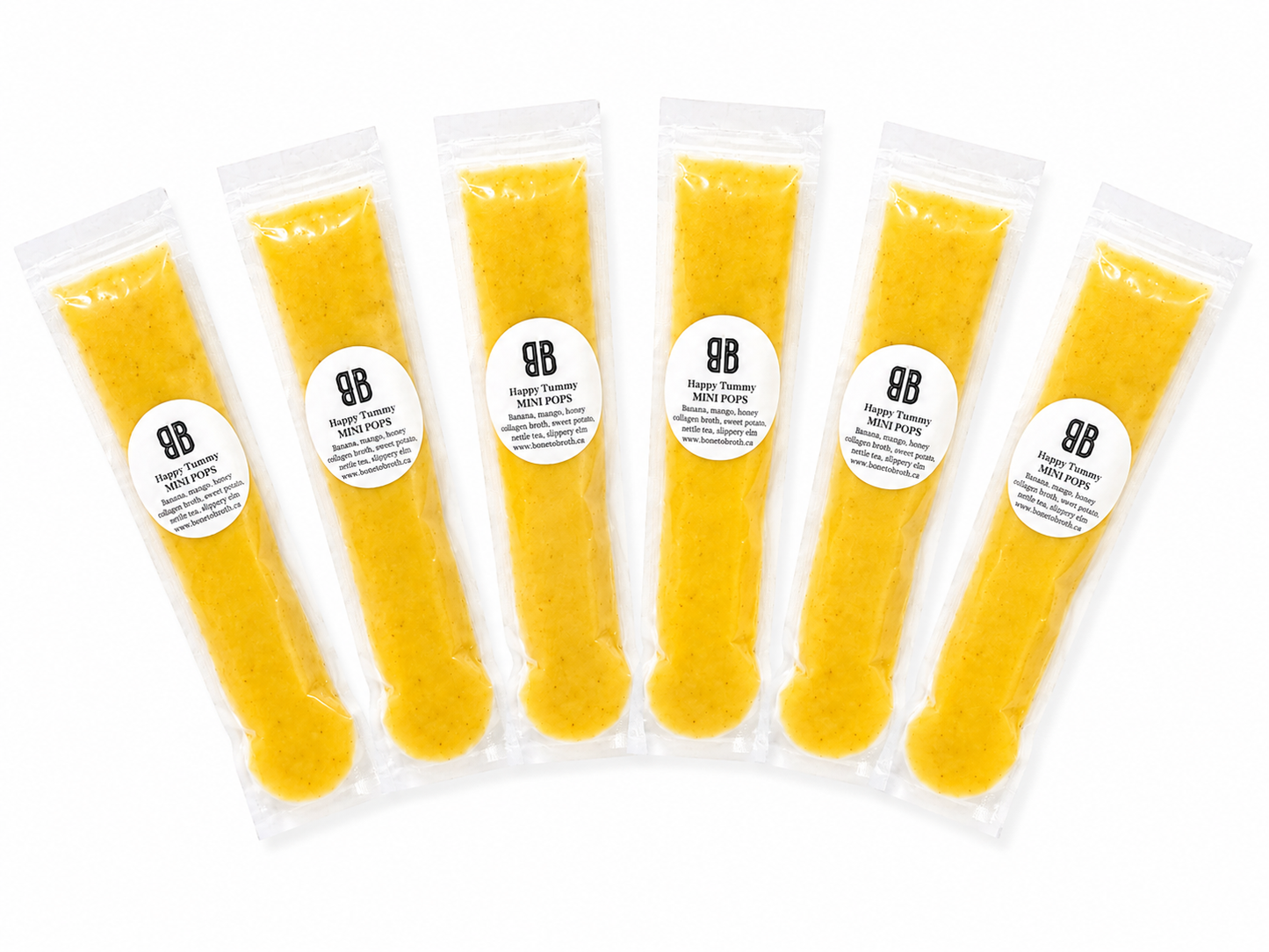 Six packages of happy tummpy smoothie pops with Bone to Broth brand label on a white background
