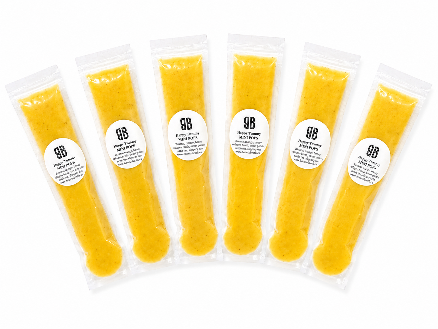 Six packages of happy tummpy smoothie pops with Bone to Broth brand label on a white background