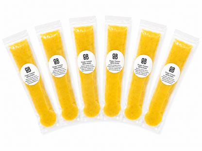 Six packages of happy tummpy smoothie pops with Bone to Broth brand label on a white background